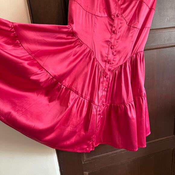 SUGAR THRILLZ | Dolls Kill Pink Satin Thinking About You Challis Dress | Small - Picture 3 of 8